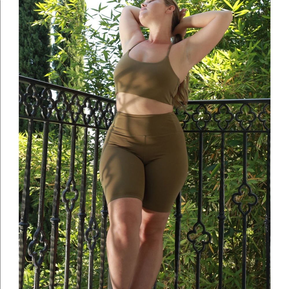3 Girlfriend Collective items: Fern Float full length legging, shorts, and bra